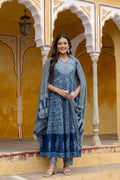 Embroidered Anarkali Kurta With Pant & Printed Dupatta, Blue - Hiral Fashion - Distacart
