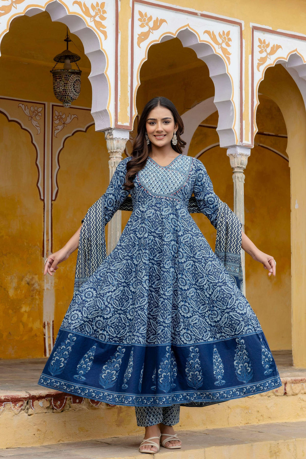 Embroidered Anarkali Kurta With Pant & Printed Dupatta, Blue - Hiral Fashion - Distacart