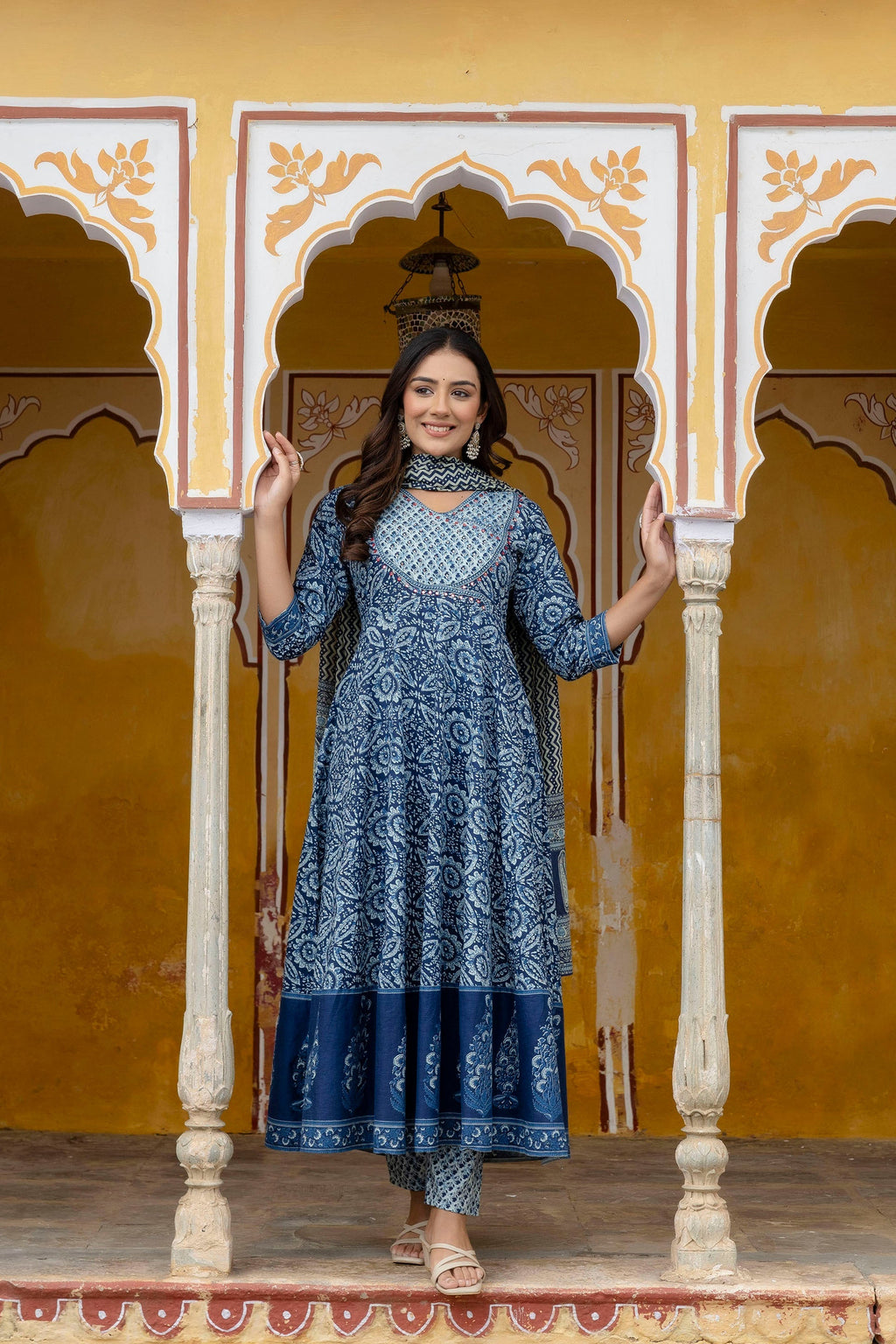 Embroidered Anarkali Kurta With Pant & Printed Dupatta, Blue - Hiral Fashion - Distacart