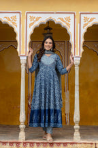 Embroidered Anarkali Kurta With Pant & Printed Dupatta, Blue - Hiral Fashion - Distacart