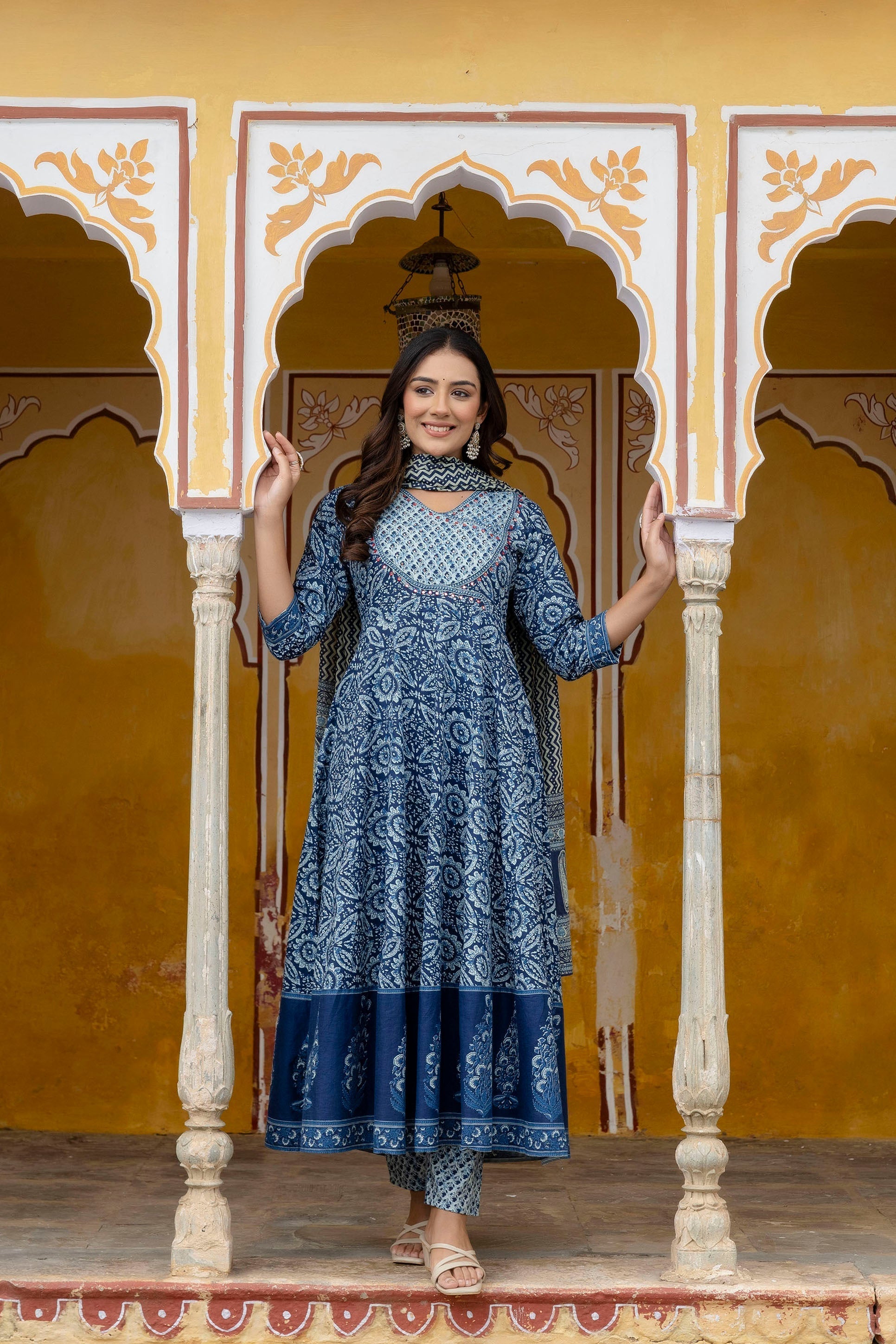 Embroidered Anarkali Kurta With Pant & Printed Dupatta, Blue - Hiral Fashion - Distacart