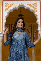 Embroidered Anarkali Kurta With Pant & Printed Dupatta, Blue - Hiral Fashion - Distacart