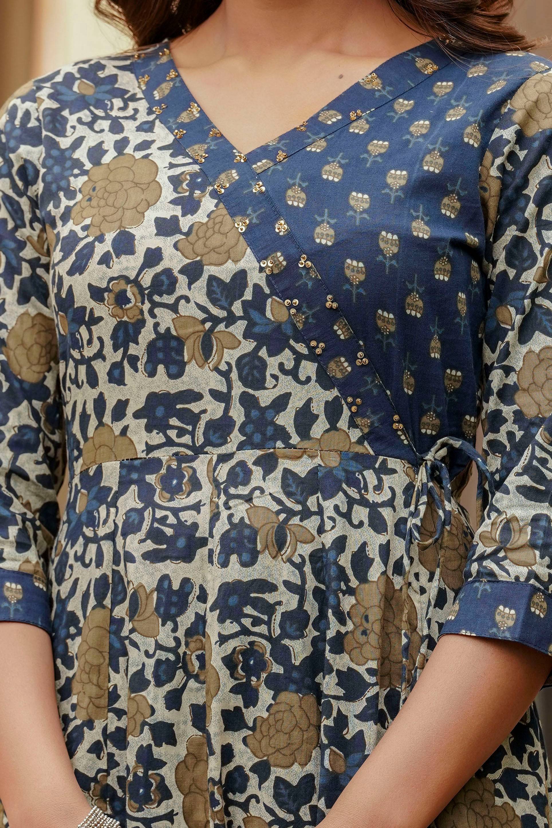 Embroidered & Floral Printed Angarkha Style Kurta With Matching Pant & Dupatta, Blue - Hiral Fashion - Distacart