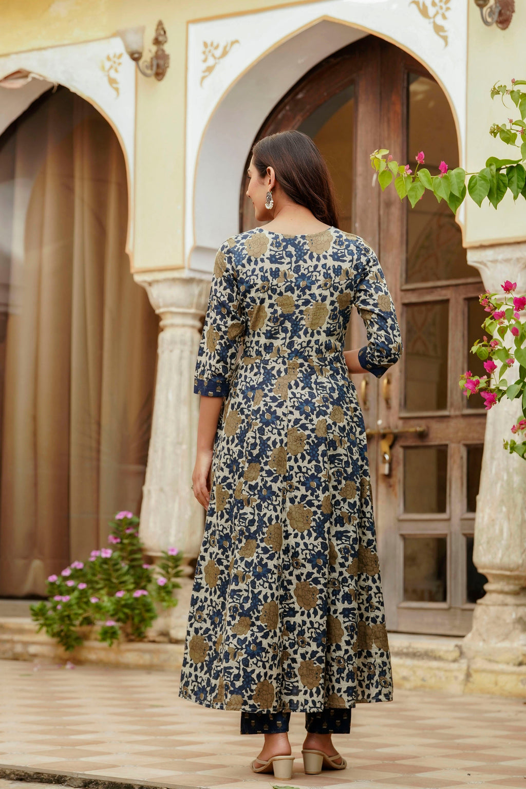 Embroidered & Floral Printed Angarkha Style Kurta With Matching Pant & Dupatta, Blue - Hiral Fashion - Distacart