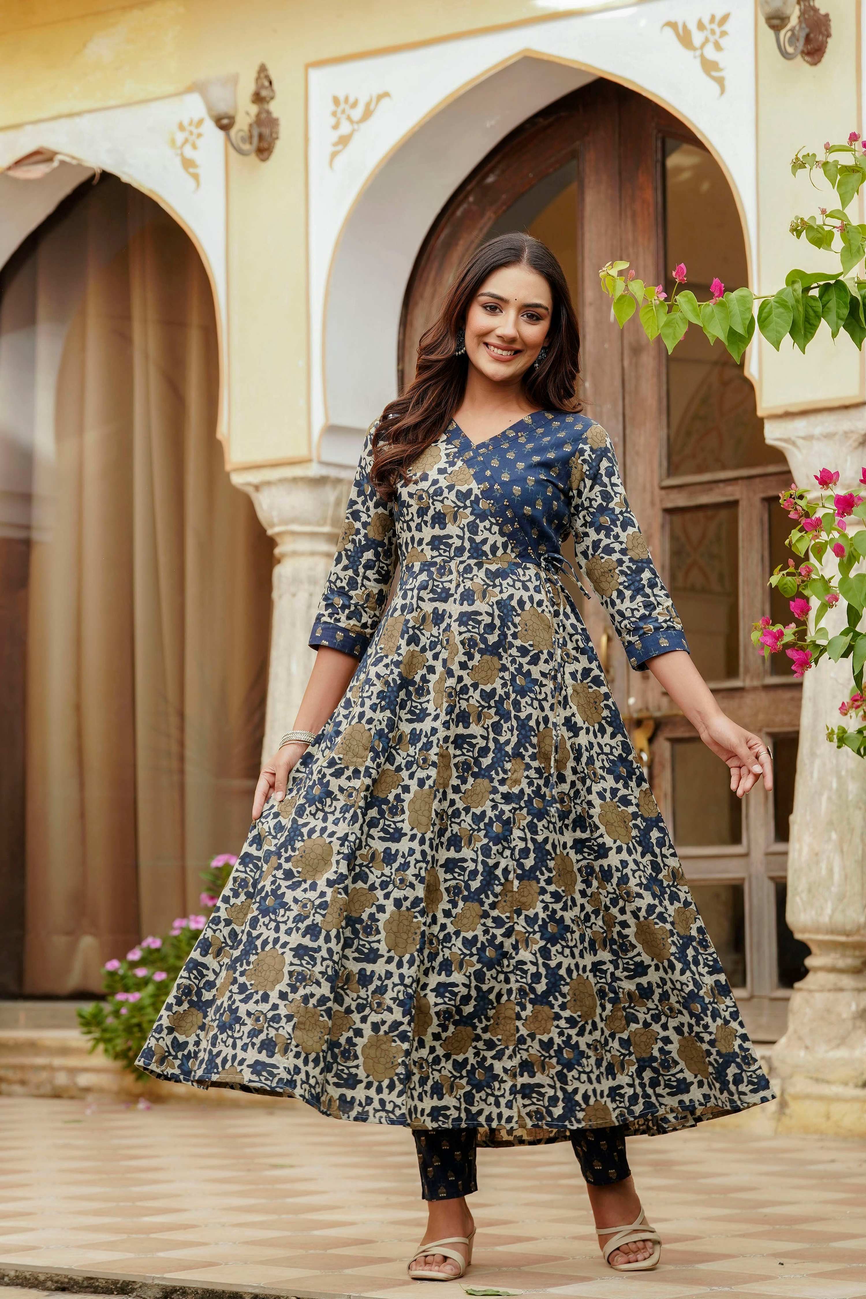 Embroidered & Floral Printed Angarkha Style Kurta With Matching Pant & Dupatta, Blue - Hiral Fashion - Distacart