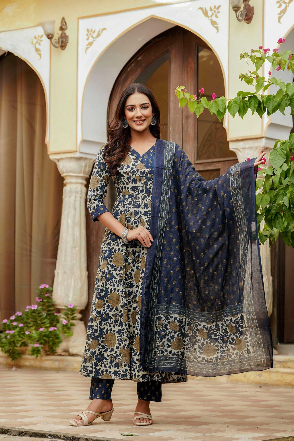 Embroidered & Floral Printed Angarkha Style Kurta With Matching Pant & Dupatta, Blue - Hiral Fashion - Distacart