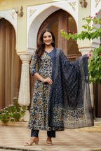 Embroidered & Floral Printed Angarkha Style Kurta With Matching Pant & Dupatta, Blue - Hiral Fashion - Distacart