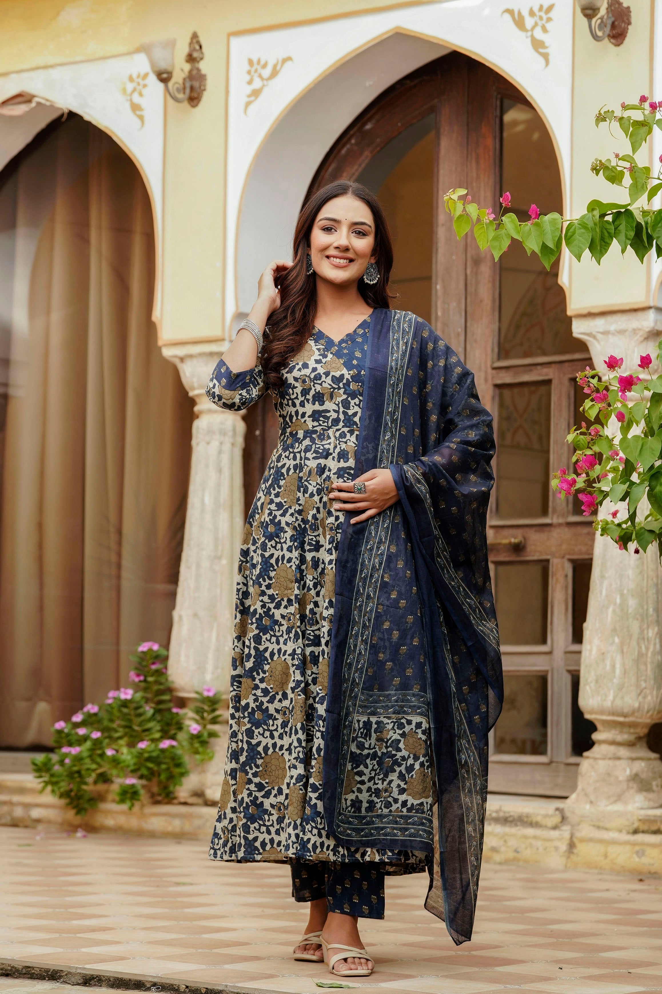 Embroidered & Floral Printed Angarkha Style Kurta With Matching Pant & Dupatta, Blue - Hiral Fashion - Distacart