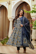 Embroidered & Floral Printed Angarkha Style Kurta With Matching Pant & Dupatta, Blue - Hiral Fashion - Distacart