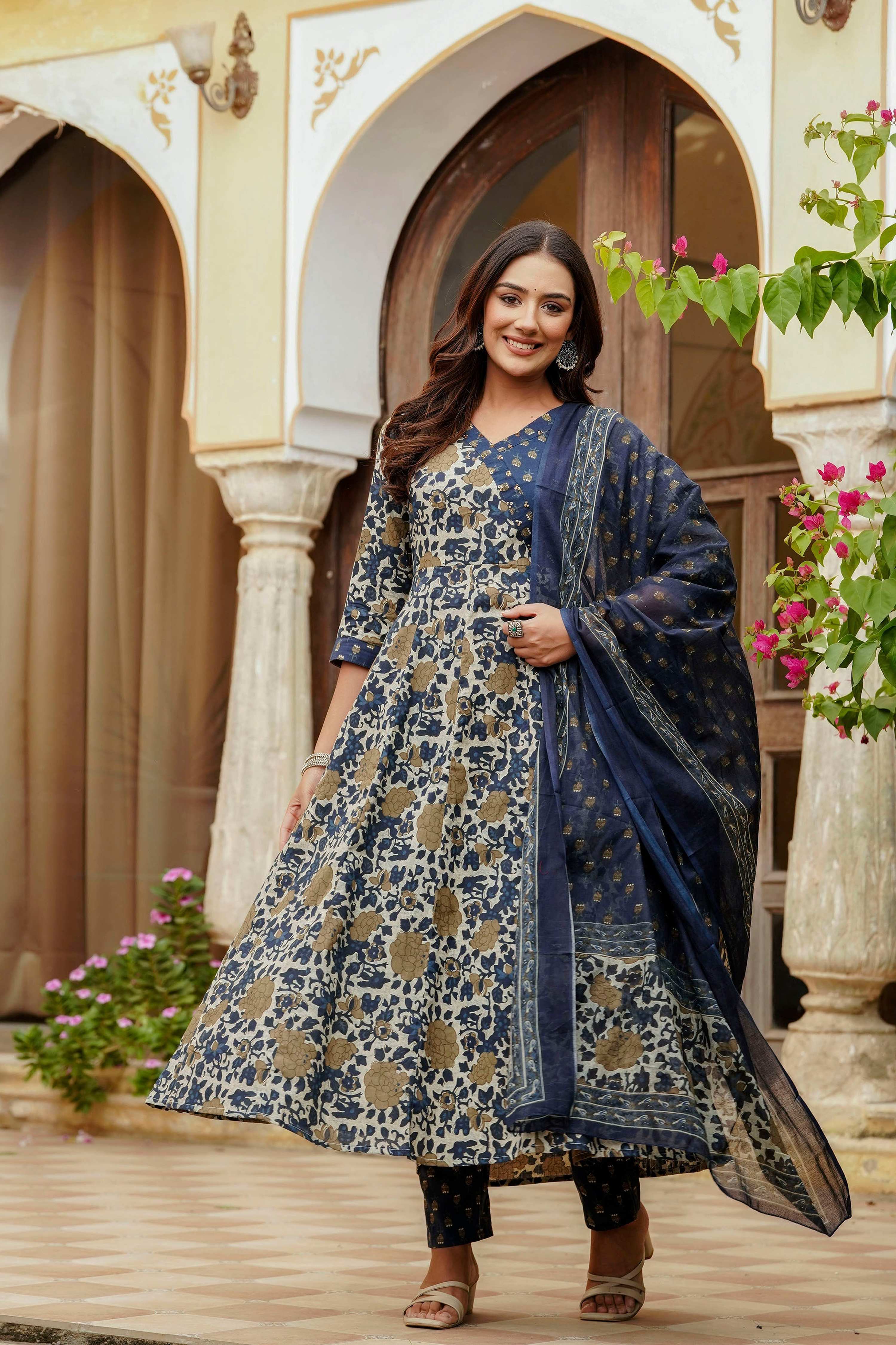 Embroidered & Floral Printed Angarkha Style Kurta With Matching Pant & Dupatta, Blue - Hiral Fashion - Distacart