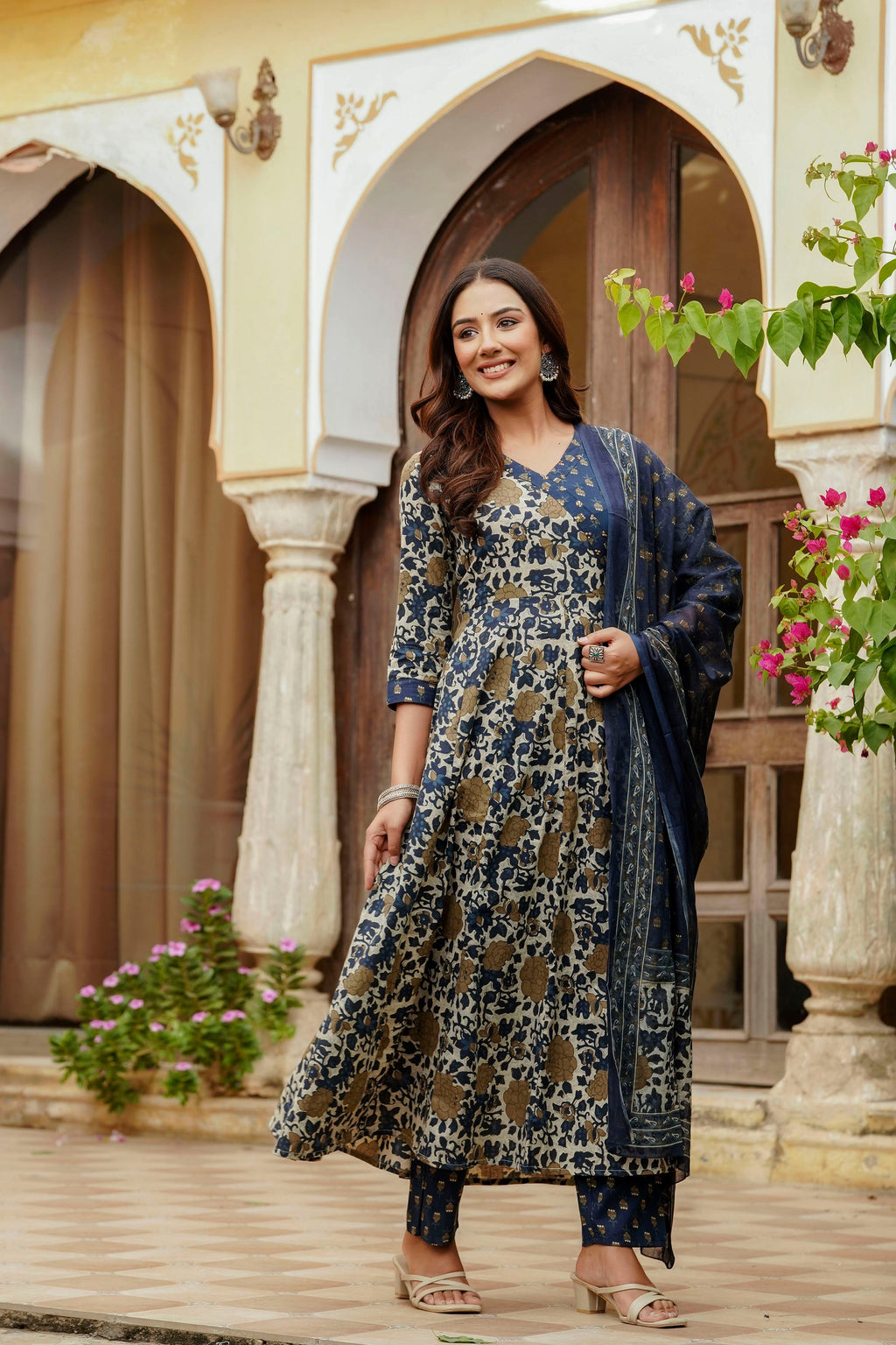 Embroidered & Floral Printed Angarkha Style Kurta With Matching Pant & Dupatta, Blue - Hiral Fashion - Distacart