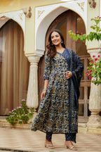 Embroidered & Floral Printed Angarkha Style Kurta With Matching Pant & Dupatta, Blue - Hiral Fashion - Distacart