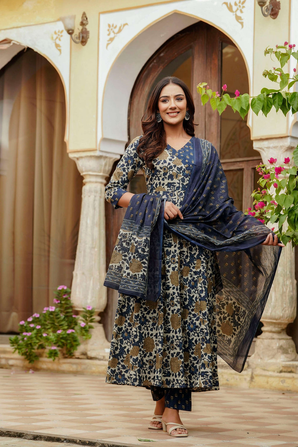 Embroidered & Floral Printed Angarkha Style Kurta With Matching Pant & Dupatta, Blue - Hiral Fashion - Distacart
