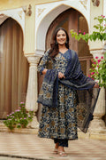Embroidered & Floral Printed Angarkha Style Kurta With Matching Pant & Dupatta, Blue - Hiral Fashion - Distacart