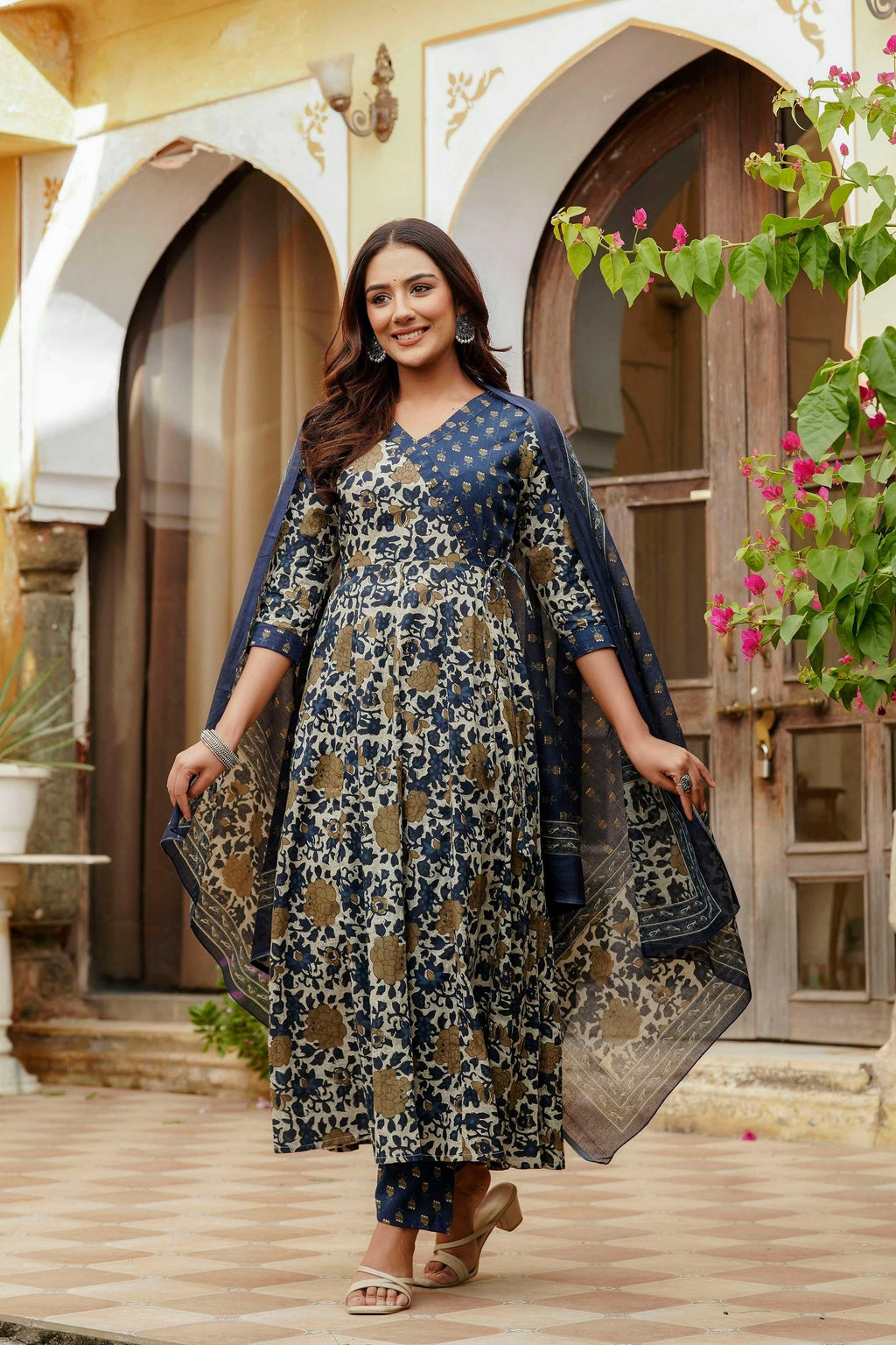 Embroidered & Floral Printed Angarkha Style Kurta With Matching Pant & Dupatta, Blue - Hiral Fashion - Distacart