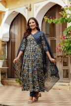 Embroidered & Floral Printed Angarkha Style Kurta With Matching Pant & Dupatta, Blue - Hiral Fashion - Distacart