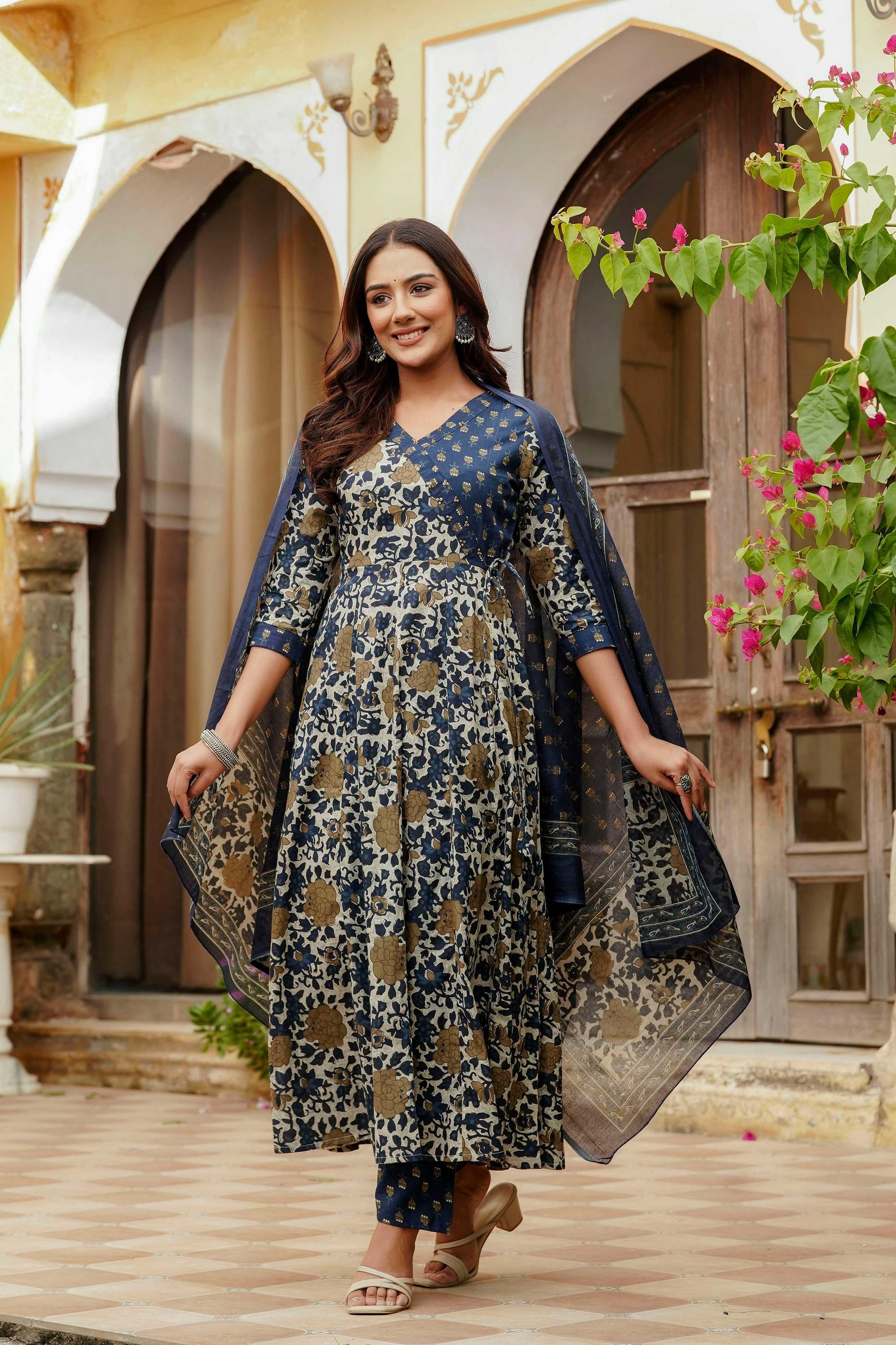 Embroidered & Floral Printed Angarkha Style Kurta With Matching Pant & Dupatta, Blue - Hiral Fashion - Distacart