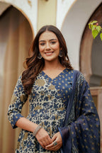 Embroidered & Floral Printed Angarkha Style Kurta With Matching Pant & Dupatta, Blue - Hiral Fashion - Distacart