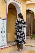 Floral Printed Kurta With Pant & Stripe Printed Dupatta, Black - Hiral Fashion - Distacart