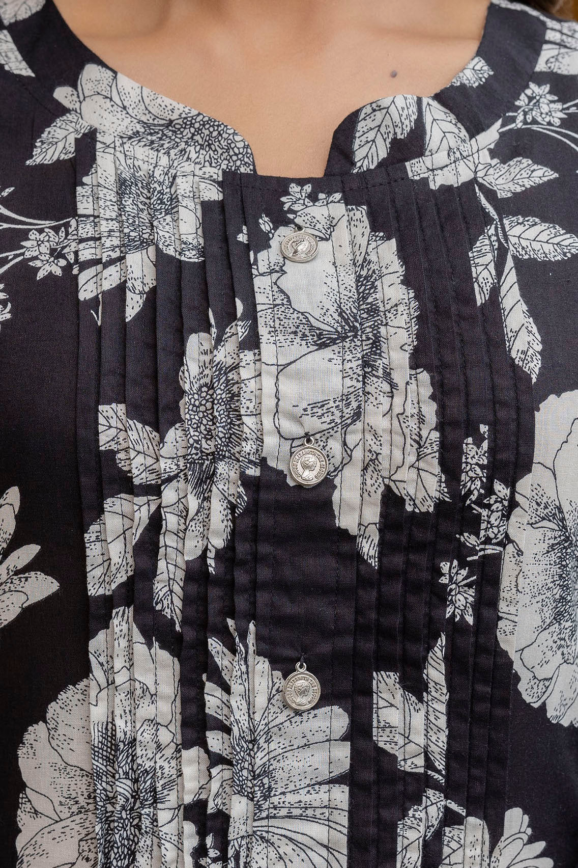 Floral Printed Kurta With Pant & Stripe Printed Dupatta, Black - Hiral Fashion - Distacart