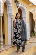Floral Printed Kurta With Pant & Stripe Printed Dupatta, Black - Hiral Fashion - Distacart