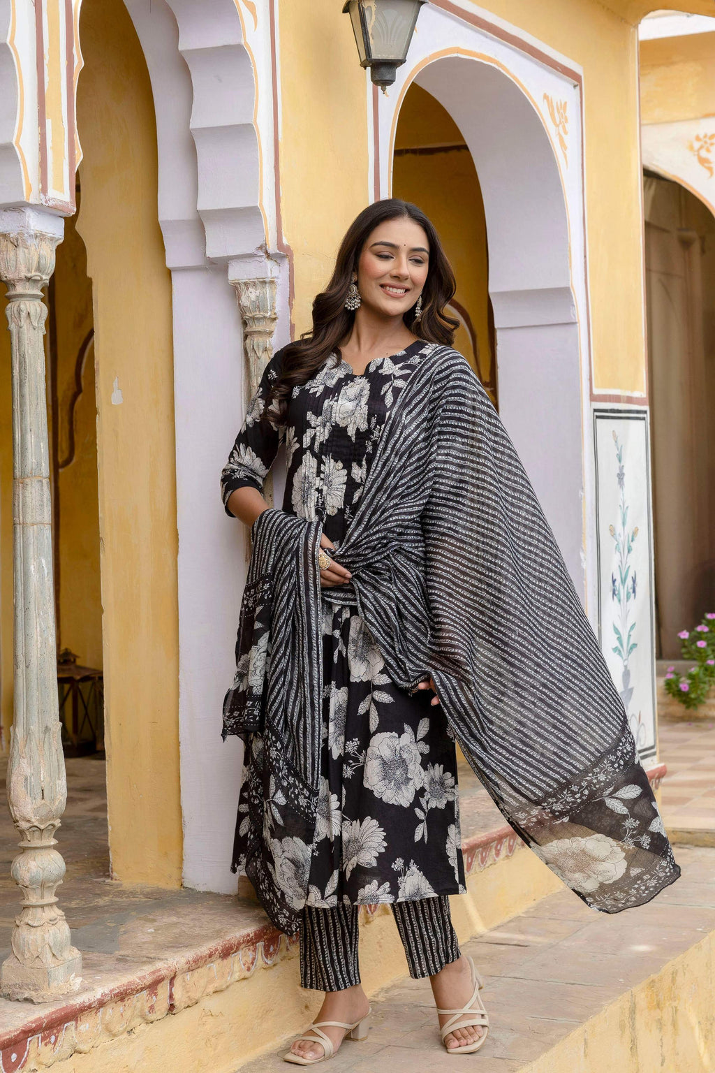 Floral Printed Kurta With Pant & Stripe Printed Dupatta, Black - Hiral Fashion - Distacart
