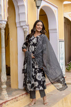 Floral Printed Kurta With Pant & Stripe Printed Dupatta, Black - Hiral Fashion - Distacart