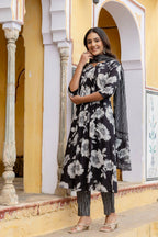 Floral Printed Kurta With Pant & Stripe Printed Dupatta, Black - Hiral Fashion - Distacart