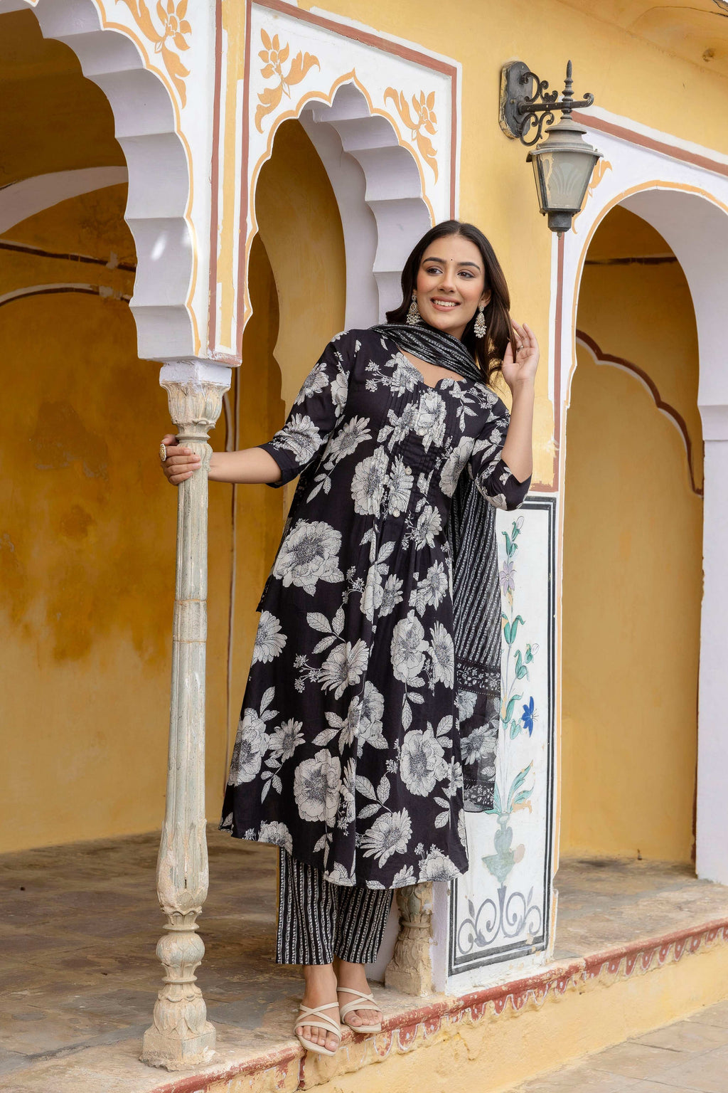 Floral Printed Kurta With Pant & Stripe Printed Dupatta, Black - Hiral Fashion - Distacart