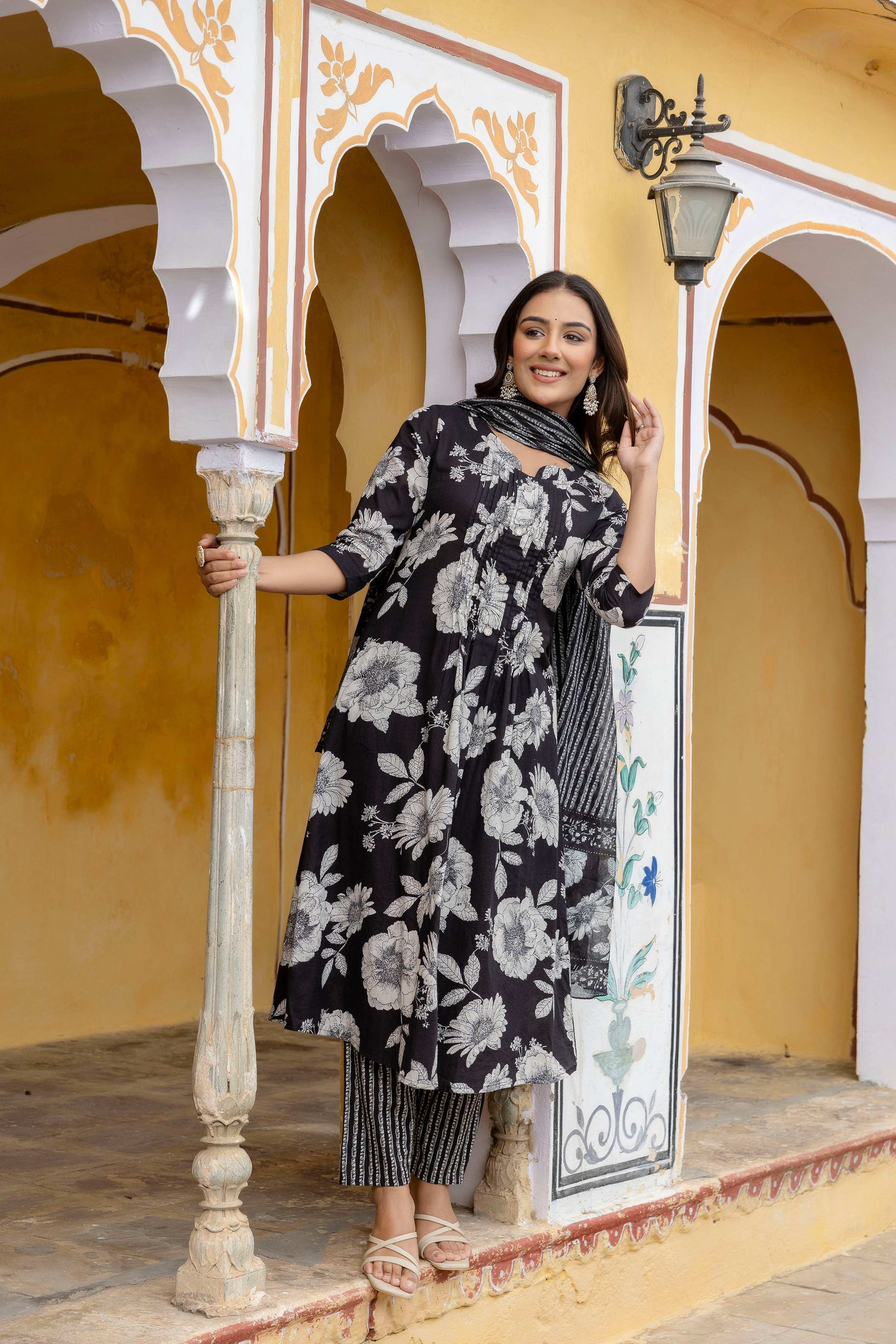 Floral Printed Kurta With Pant & Stripe Printed Dupatta, Black - Hiral Fashion - Distacart