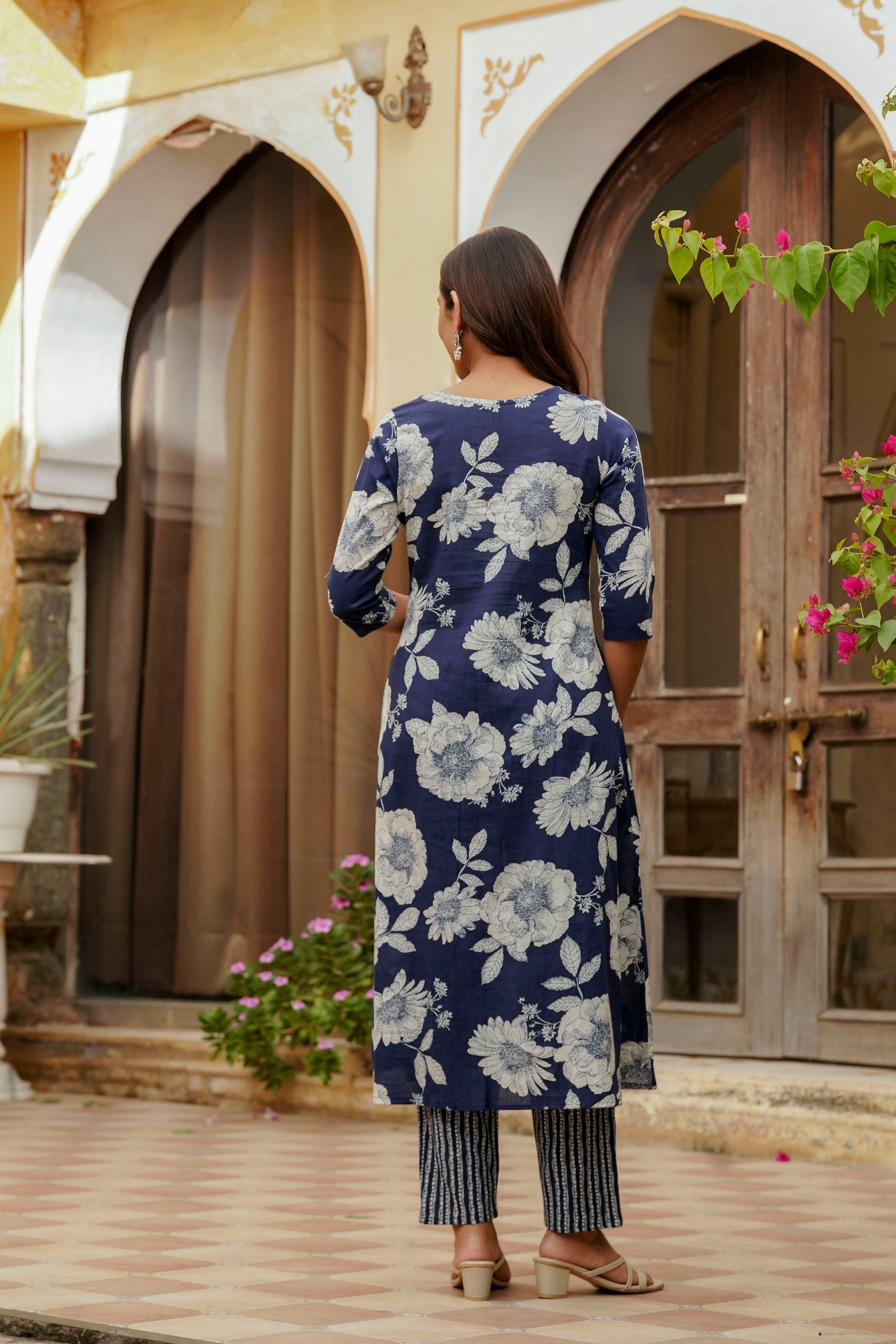 Floral Printed Kurta With Pant & Stripe Printed Dupatta, Blue - Hiral Fashion - Distacart
