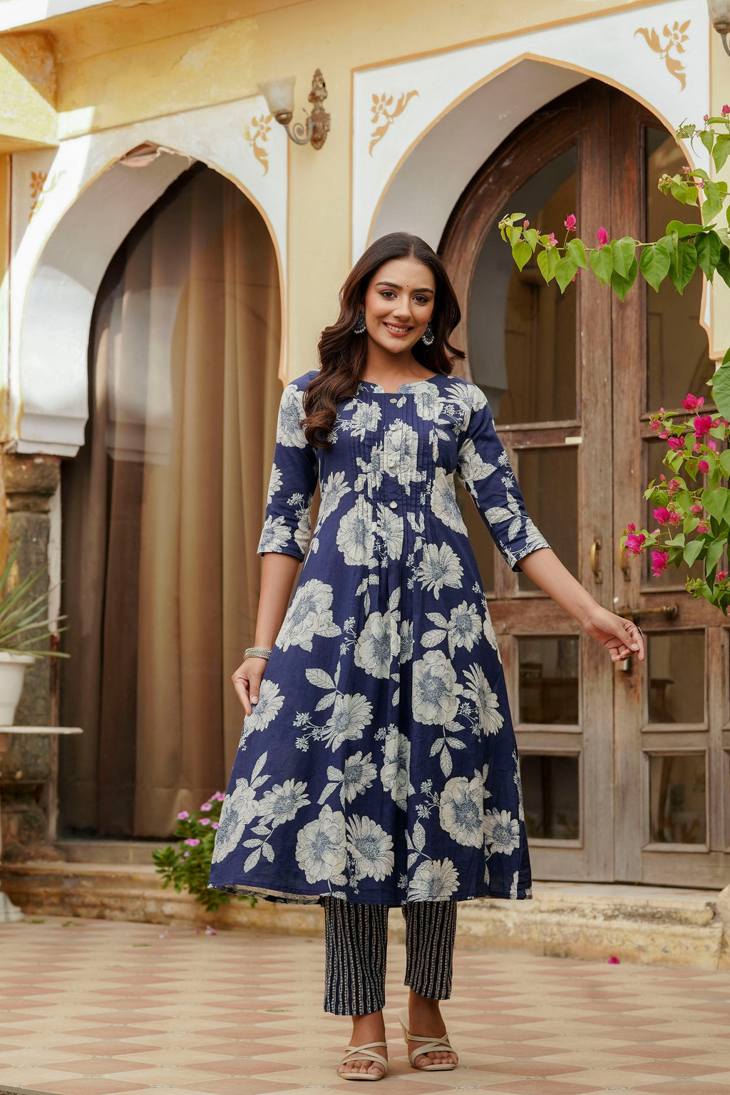 Floral Printed Kurta With Pant & Stripe Printed Dupatta, Blue - Hiral Fashion - Distacart