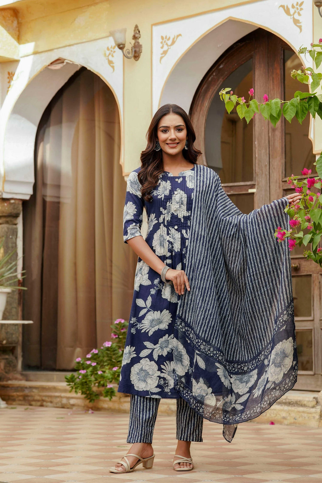 Floral Printed Kurta With Pant & Stripe Printed Dupatta, Blue - Hiral Fashion - Distacart
