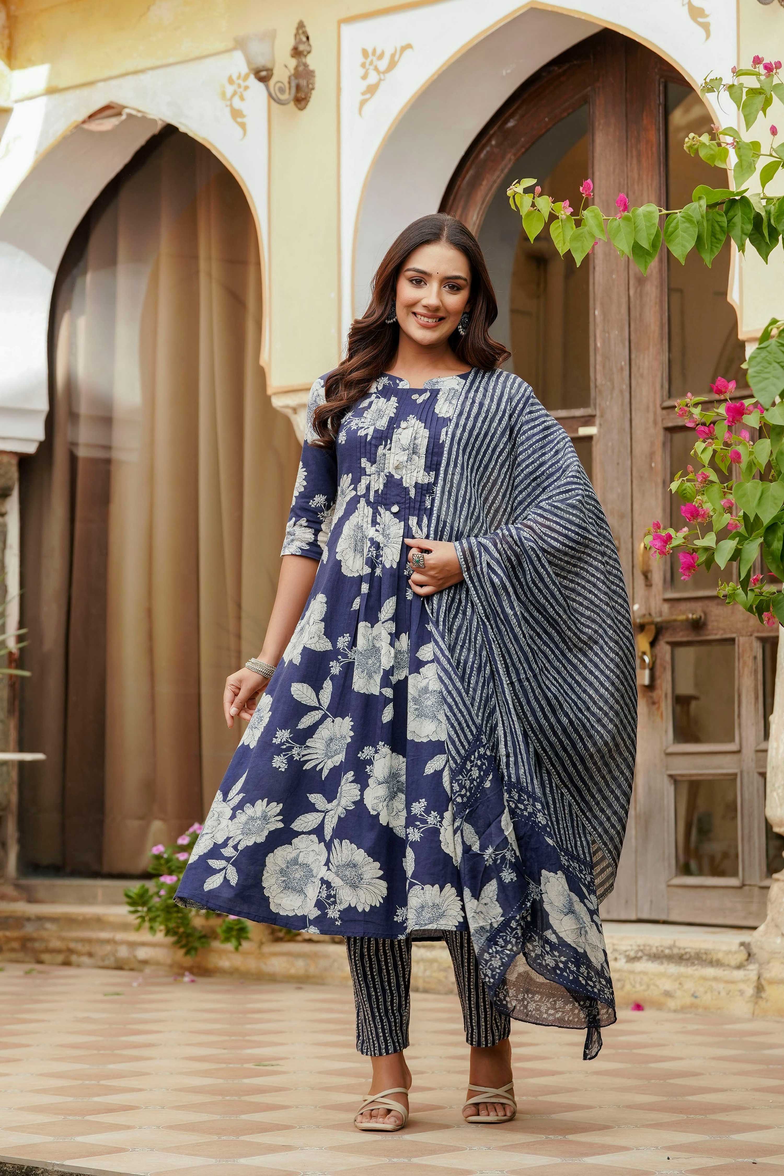 Floral Printed Kurta With Pant & Stripe Printed Dupatta, Blue - Hiral Fashion - Distacart