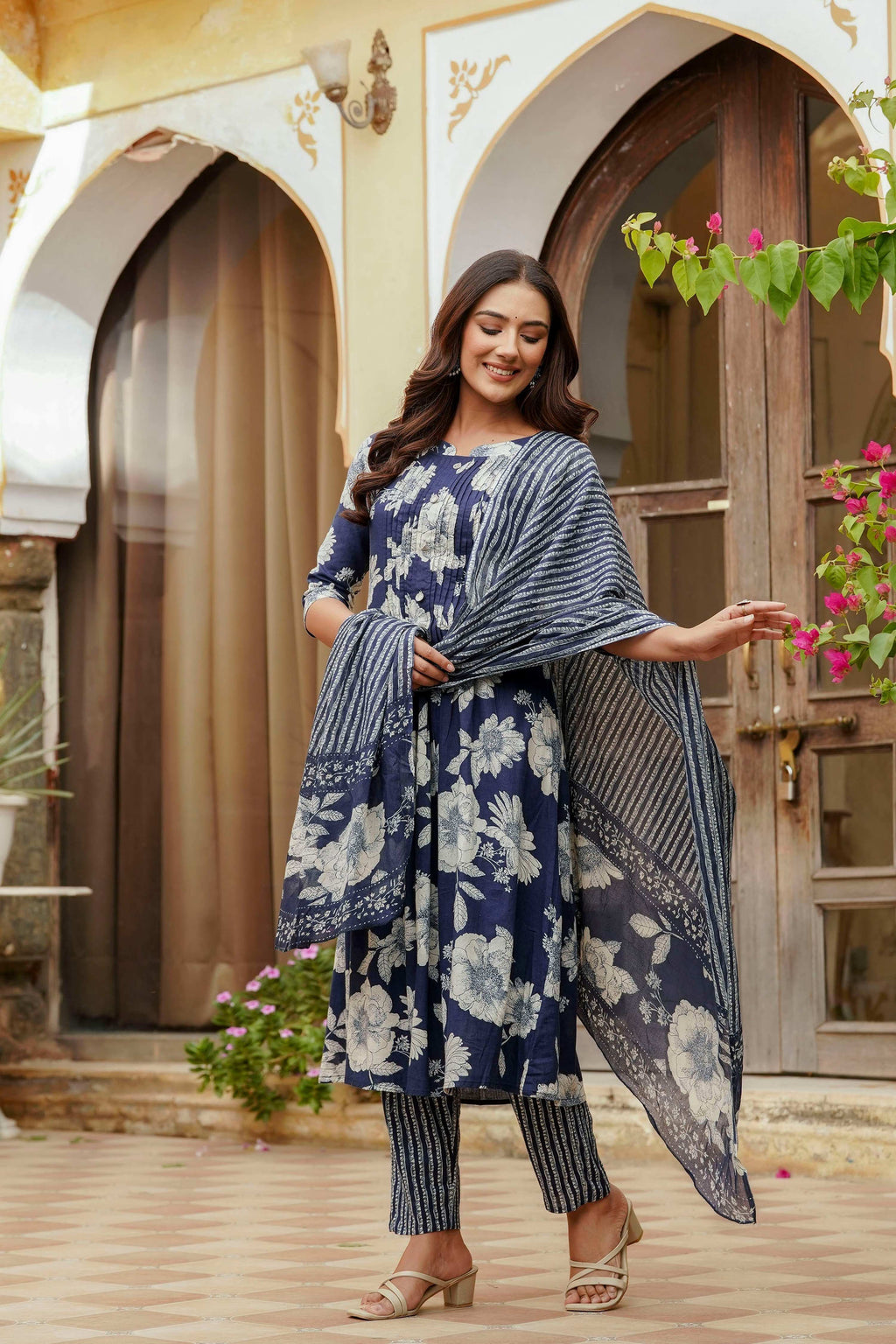 Floral Printed Kurta With Pant & Stripe Printed Dupatta, Blue - Hiral Fashion - Distacart