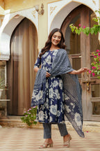 Floral Printed Kurta With Pant & Stripe Printed Dupatta, Blue - Hiral Fashion - Distacart