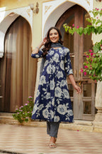 Floral Printed Kurta With Pant & Stripe Printed Dupatta, Blue - Hiral Fashion - Distacart