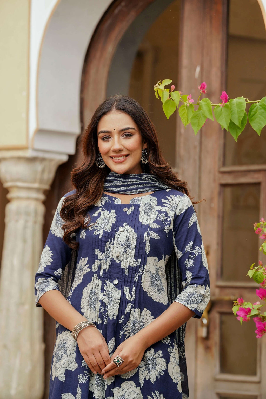 Floral Printed Kurta With Pant & Stripe Printed Dupatta, Blue - Hiral Fashion - Distacart
