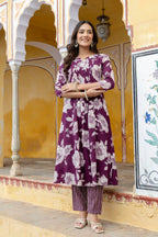 Floral Printed Kurta With Pant & Stripe Printed Dupatta, Purple - Hiral Fashion - Distacart