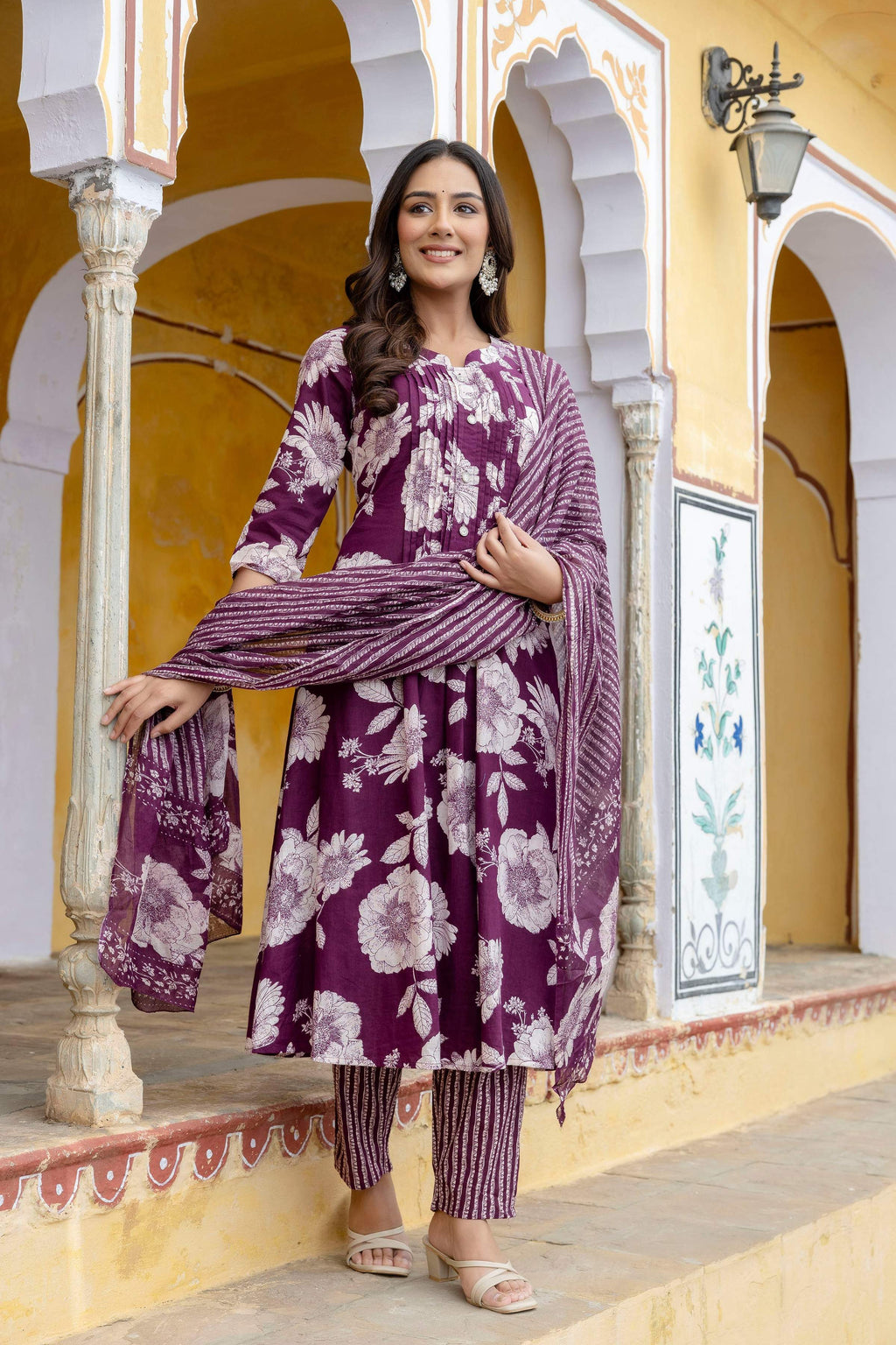 Floral Printed Kurta With Pant & Stripe Printed Dupatta, Purple - Hiral Fashion - Distacart