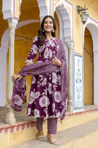 Floral Printed Kurta With Pant & Stripe Printed Dupatta, Purple - Hiral Fashion - Distacart