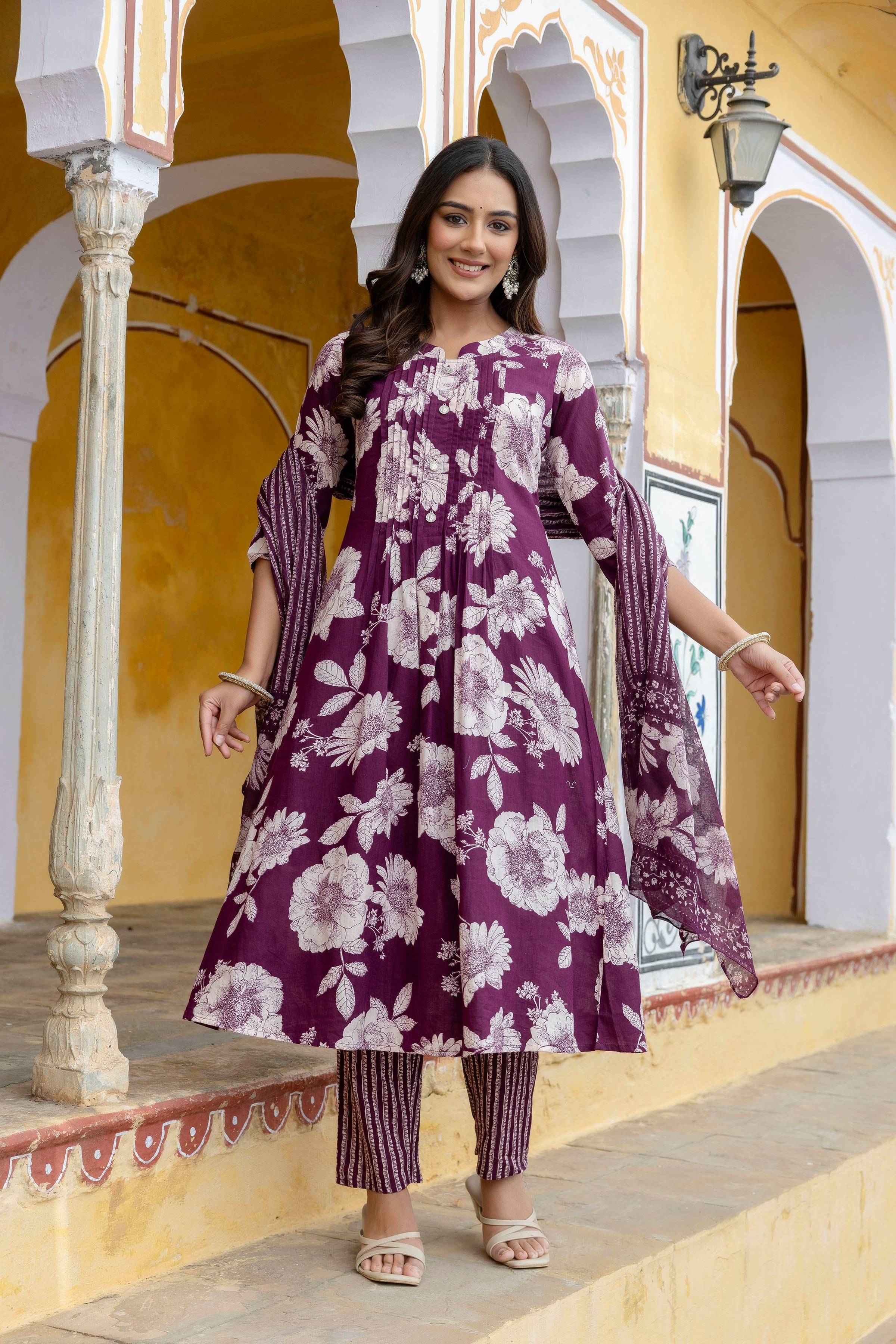 Floral Printed Kurta With Pant & Stripe Printed Dupatta, Purple - Hiral Fashion - Distacart
