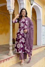 Floral Printed Kurta With Pant & Stripe Printed Dupatta, Purple - Hiral Fashion - Distacart