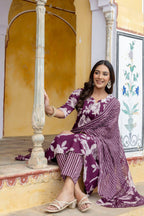 Floral Printed Kurta With Pant & Stripe Printed Dupatta, Purple - Hiral Fashion - Distacart