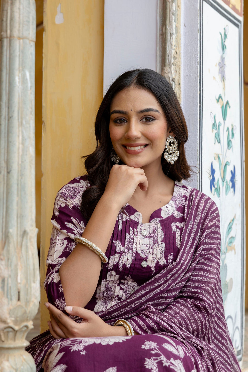 Floral Printed Kurta With Pant & Stripe Printed Dupatta, Purple - Hiral Fashion - Distacart