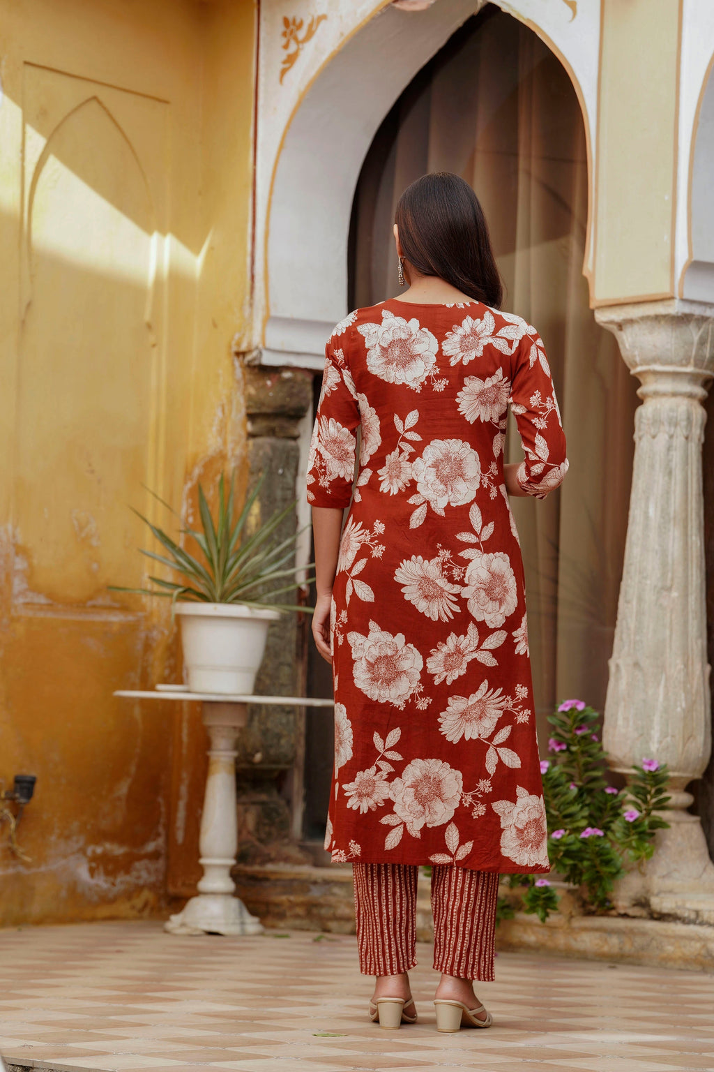Floral Printed Kurta With Pant & Stripe Printed Dupatta, Rust - Hiral Fashion - Distacart