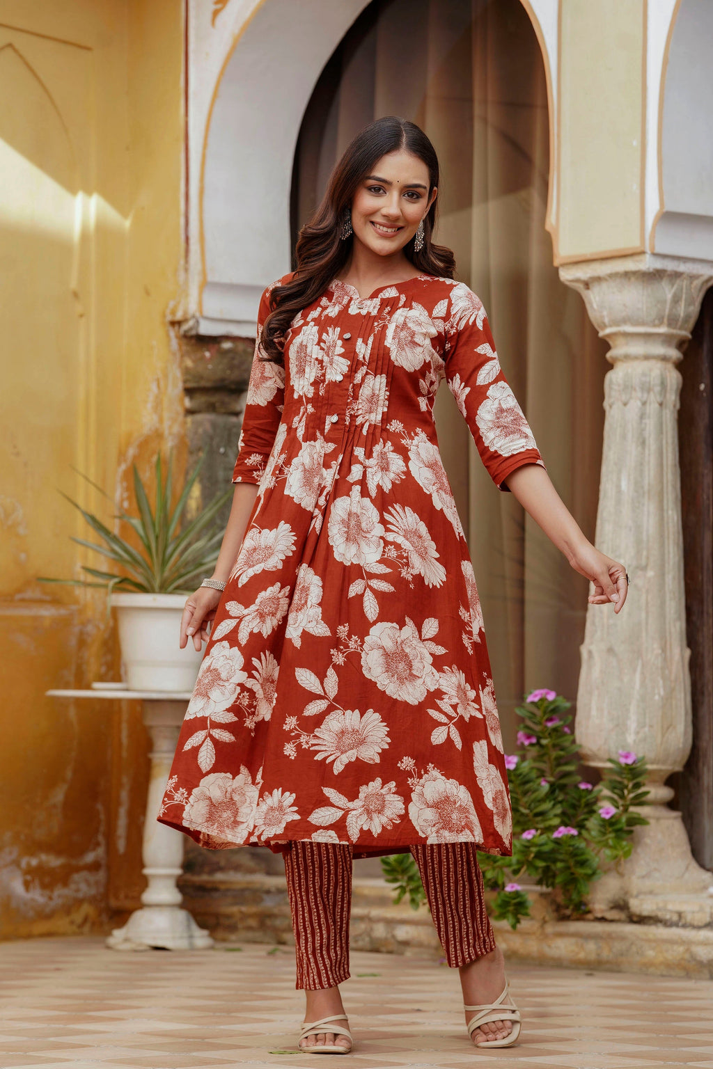 Floral Printed Kurta With Pant & Stripe Printed Dupatta, Rust - Hiral Fashion - Distacart