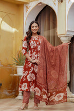 Floral Printed Kurta With Pant & Stripe Printed Dupatta, Rust - Hiral Fashion - Distacart