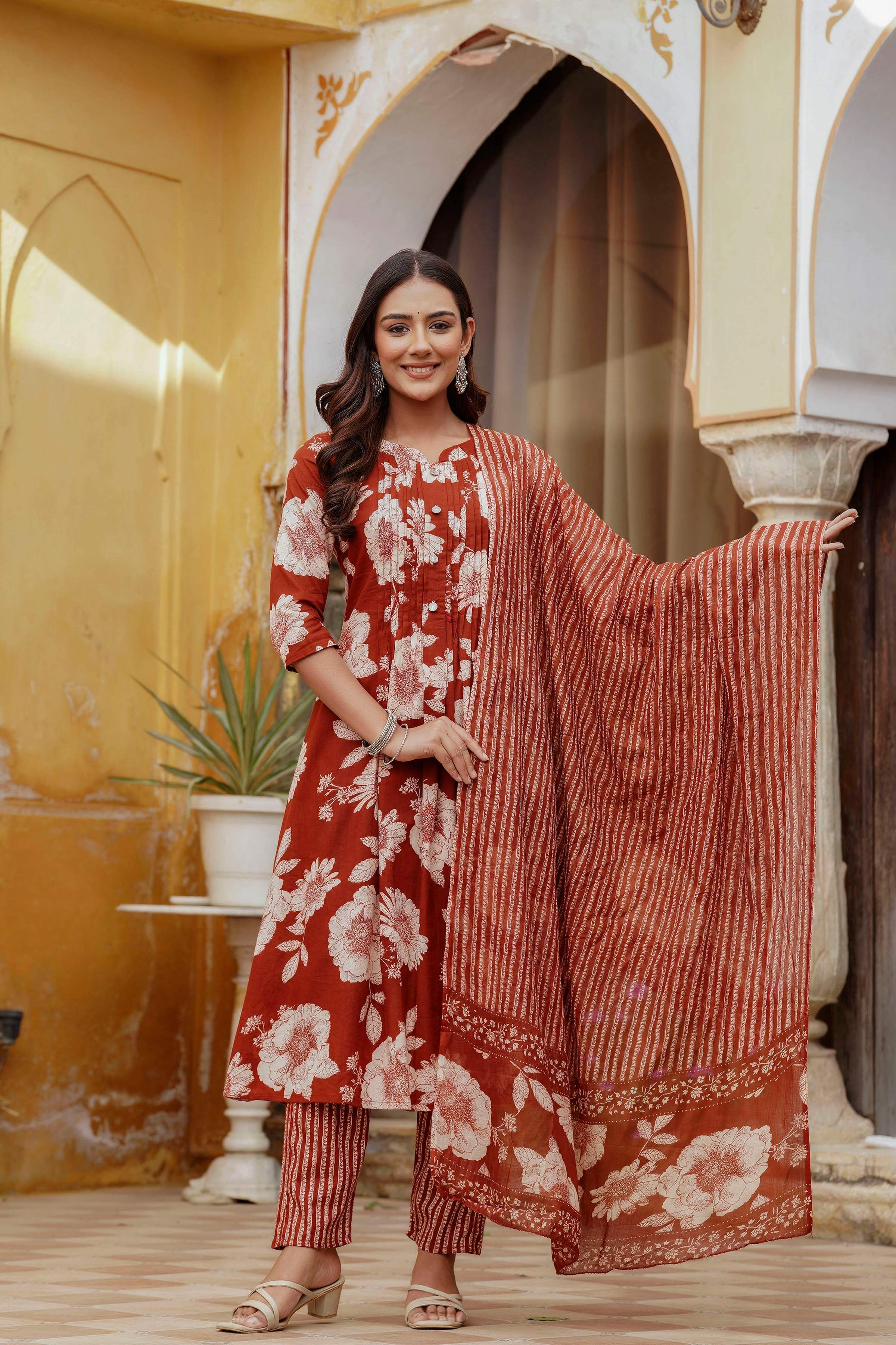 Floral Printed Kurta With Pant & Stripe Printed Dupatta, Rust - Hiral Fashion - Distacart
