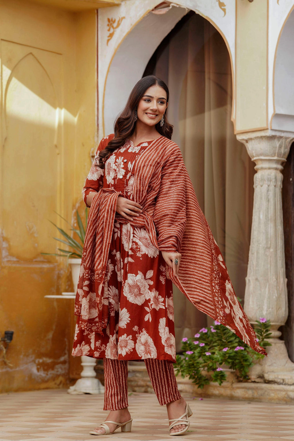 Floral Printed Kurta With Pant & Stripe Printed Dupatta, Rust - Hiral Fashion - Distacart